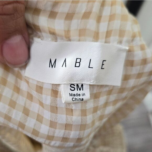 Mable Gingham Tan Beige White Sz SM Tiered Dress High Low - Picture 6 of 9
